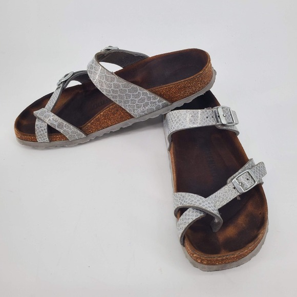 Birkenstock Mayari Silver Snakeskin Thong Sandals Comfort Adjustable Buckle 39 - Picture 1 of 7